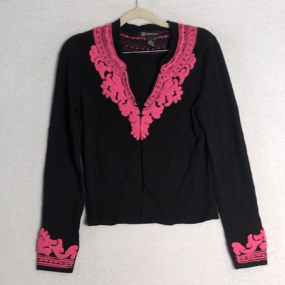 INC Women's Black & Pink Embroidered Cartouche Sweater Duster Size M